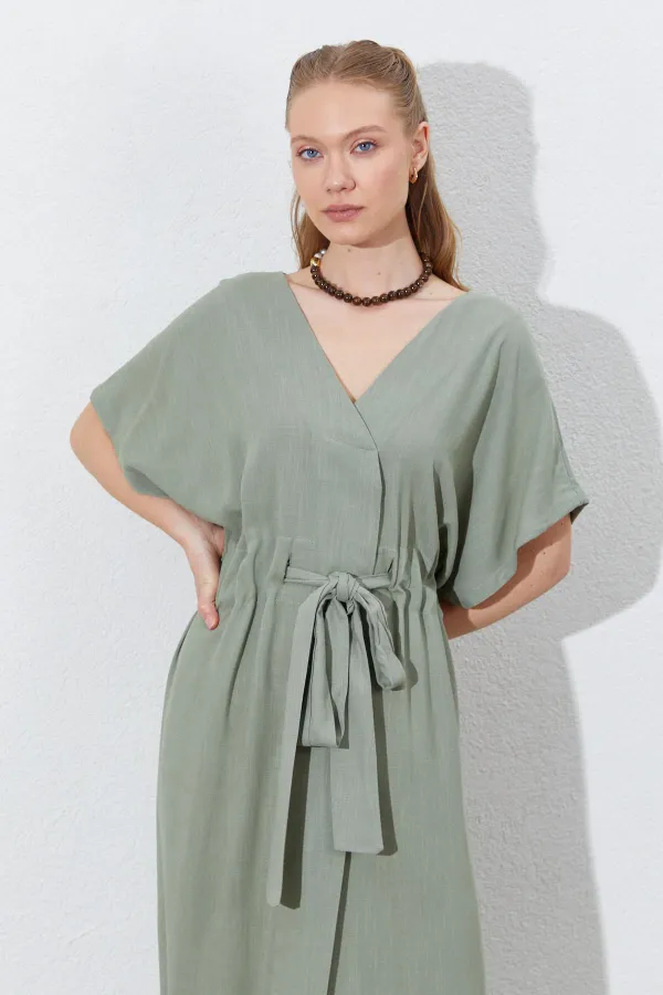 Kadın Haki Düşük Kol Beli Tünel Kemerli Keten Uzun Elbise