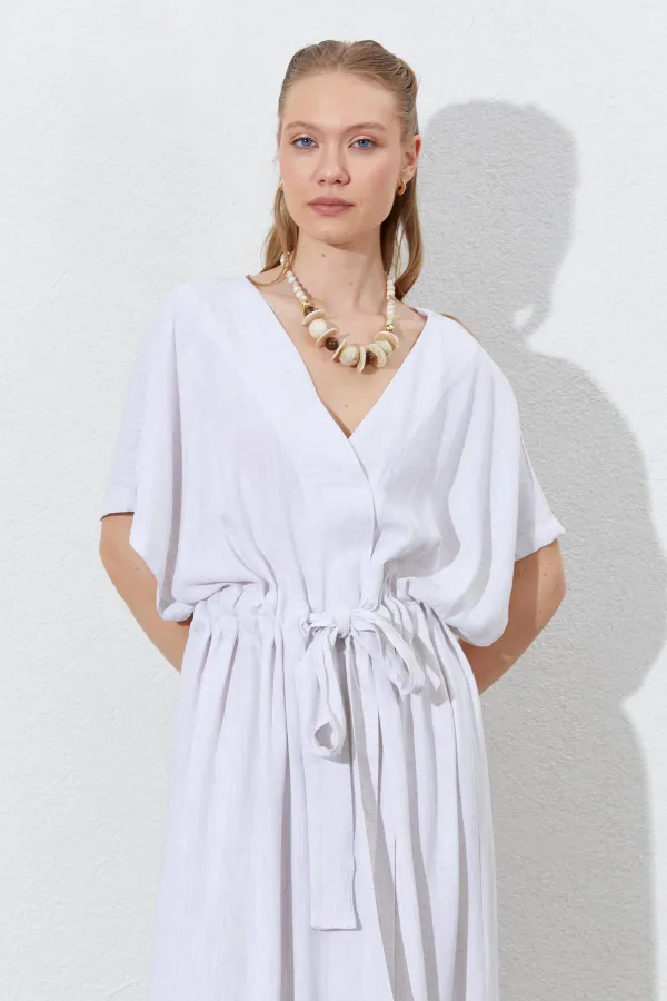 Kadın Naturel Düşük Kol Beli Tünel Kemerli Keten Uzun Elbise