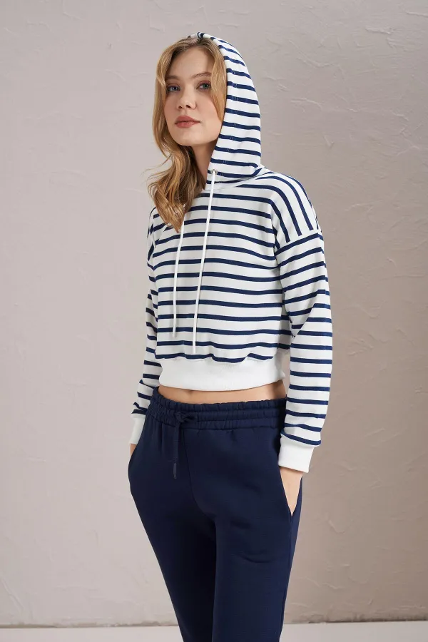Women's Indigo Three-Thread Striped Hooded Crop Sweatshirt