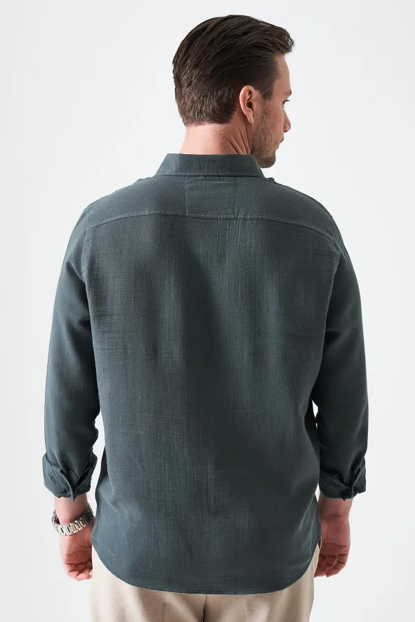 Erkek Çam Yeşili Uzun Kol Regular Basic Müslin Gömlek