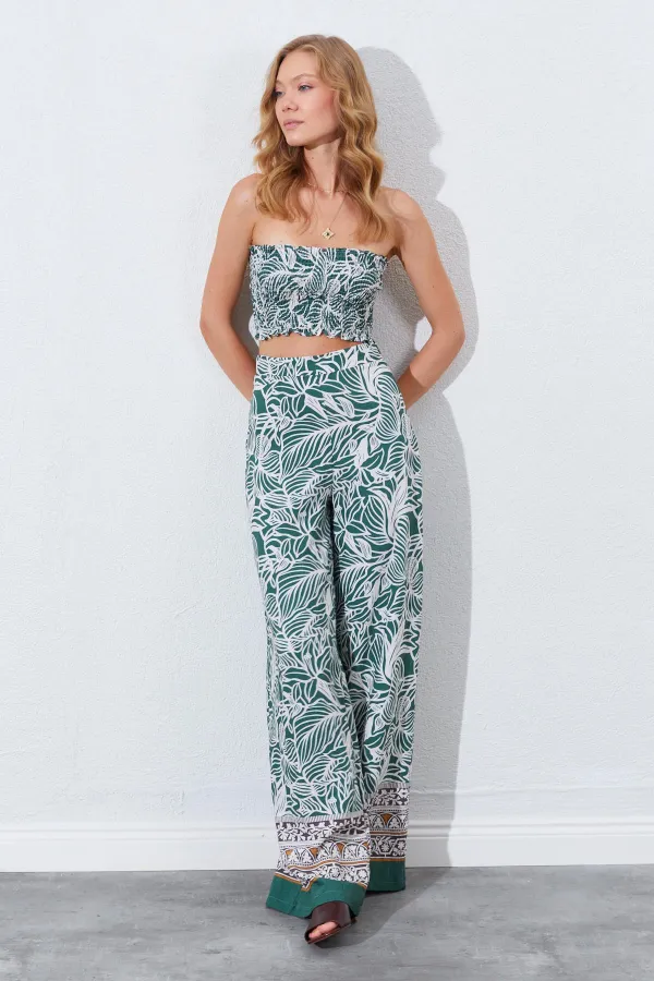 Kadın Haki Croplu-Palozzo Pantolonlu Desenli Takım