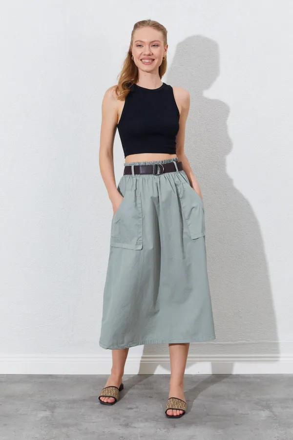 Kadın Haki Palaska Kemerli Önü Cepli Gabardin Etek