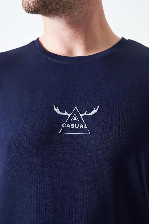 T-shirt décontracté en modal imprimé bleu marine à col rond pour homme