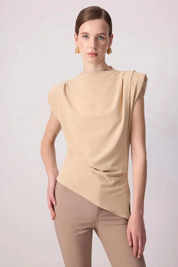 Kadın Vizon 7034 Omuzları Drapeli Vatkalı Asimetrik Bluz