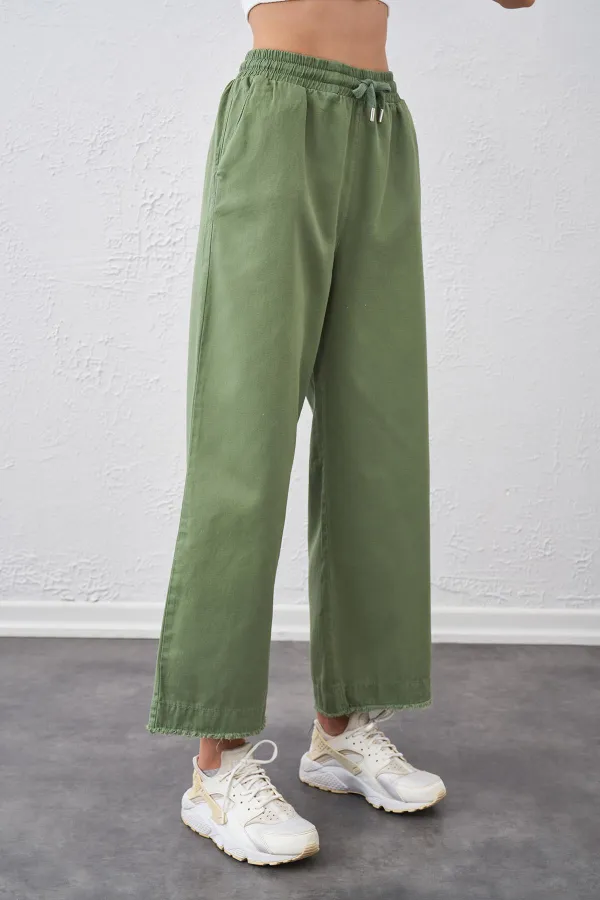 Kadın Haki Beli Bağlamalı Geniş Piş Dikişli Paça Pantolon