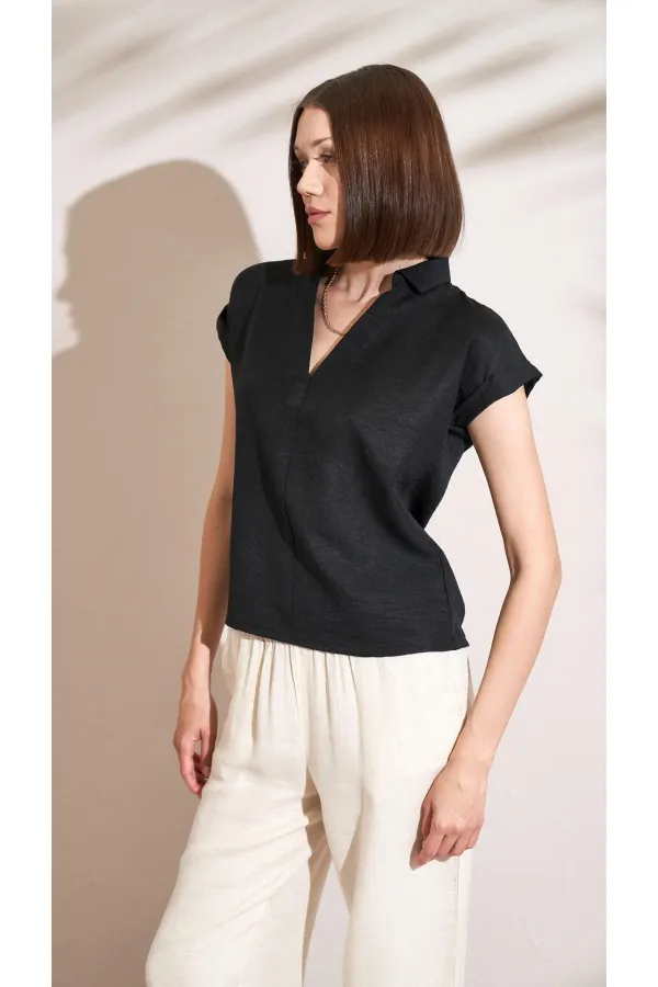Kadın Siyah Gömlek Yaka Düşük Kol Bluz