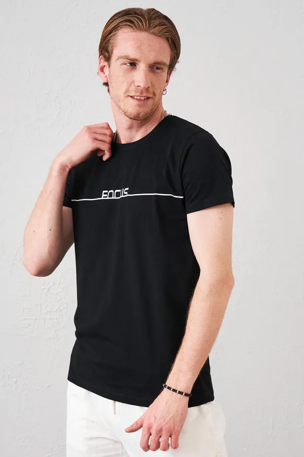 T-shirt noir à col rond pour homme avec imprimé Focus
