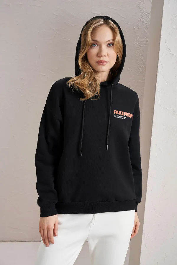 Women's Black Fake People Print Three-Thread Sweatshirt