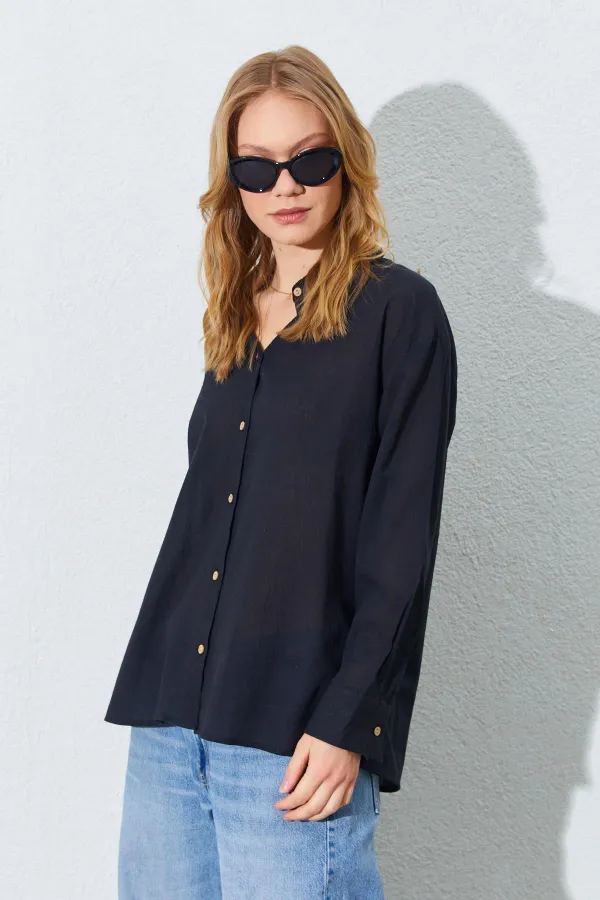 Kadın Siyah Krınkıl Oversize Gömlek