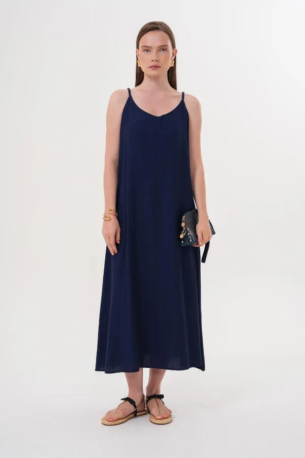 Women's Navy Blue Strappy Muslin Long Dress with Side Slit