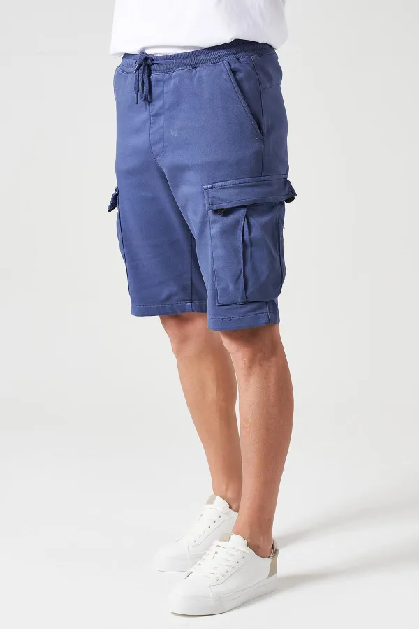 Short cargo pour homme, taille côtelée indigo, en maille teintée en pièce