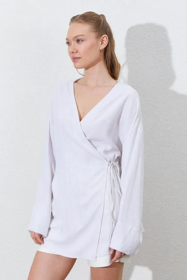 Kadın Naturel Kruvaze Yaka İp Bağlamalı Ceket