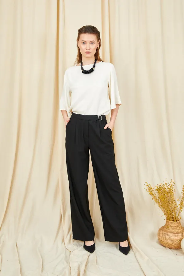 Women's Black 3522 Loose Fit Trousers with Side Buckle