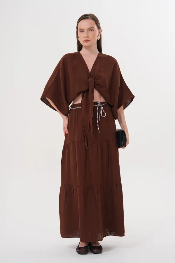 Kadın Kahve Yarasa Kol Ön Bağlamalı Gömlek