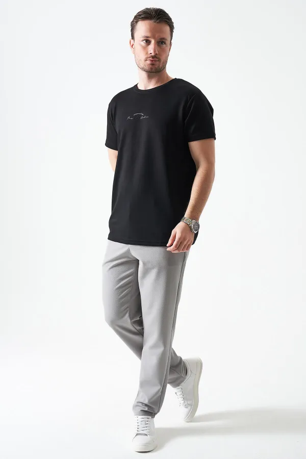 Erkek Gri Beli Yarım Lastikli Mendi Örme Jakar Pantolon