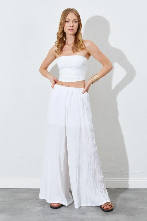 Kadın Ekru Beli Lastikli Bol Paça Kırışık Pantolon