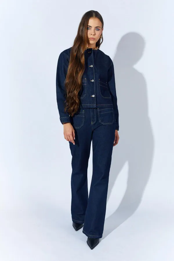Kadın Rins Yıkama Bisiklet Yaka Cepli İspanyol Pantolonlu Jean Takım