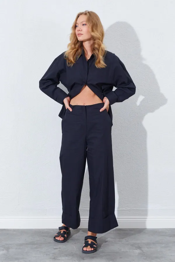 Kadın Siyah Geniş Double Boru Paça Pantolon