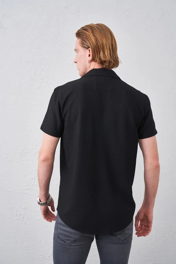 Erkek Siyah Kısa Kollu Ottoman Kumaş Apaş Yaka Gömlek