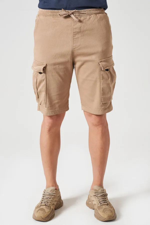 Erkek Bej Beli Ribanalı Örme Parça Boya Kargo Şort
