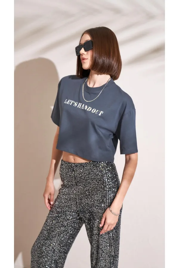 T-shirt court oversize à col rond gris fumé pour femme, imprimé métallisé Supreme