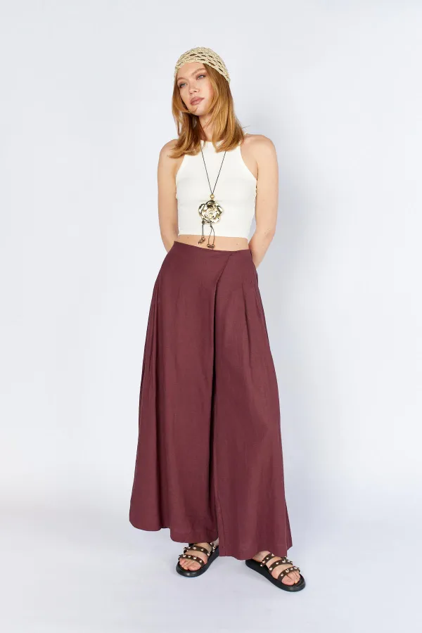 Kadın Bordo Anvelop Model Keten Pantolon