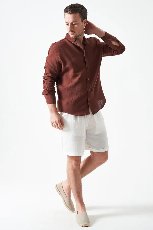 Erkek Kahve Uzun Kol Regular Basic Müslin Gömlek