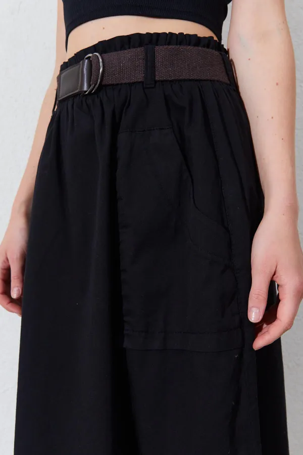 Kadın Siyah Palaska Kemerli Önü Cepli Gabardin Etek