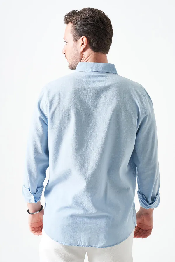 Erkek Mavi Uzun Kol Basic Pamuk Flam Regular Gömlek