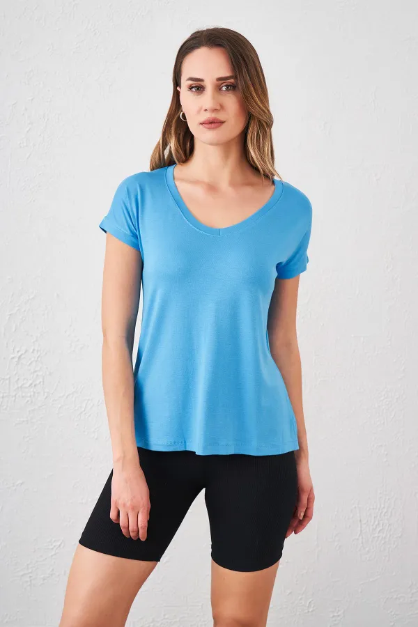 T-shirt bleu à col en V pour femme, coupe ample