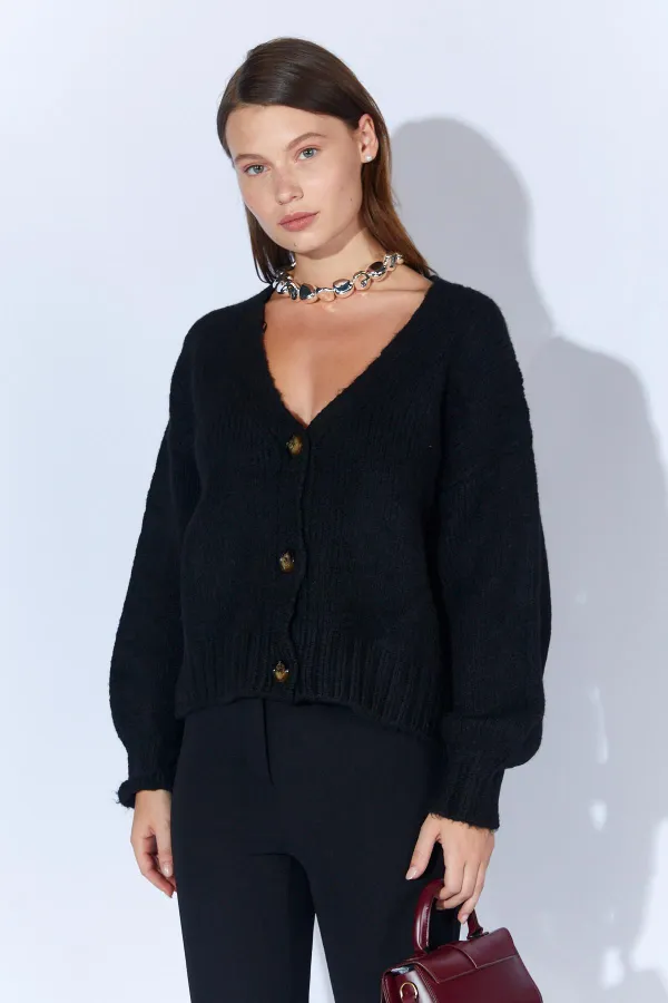 Kadın Siyah V Yaka Basic Hırka