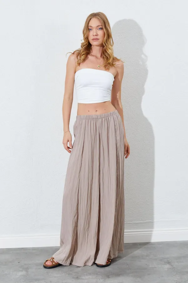 Kadın Vizon Beli Lastikli Bol Paça Kırışık Pantolon