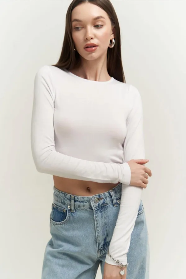 Kadın Ekru Uzun Kollu Bisiklet Yaka Crop Bluz