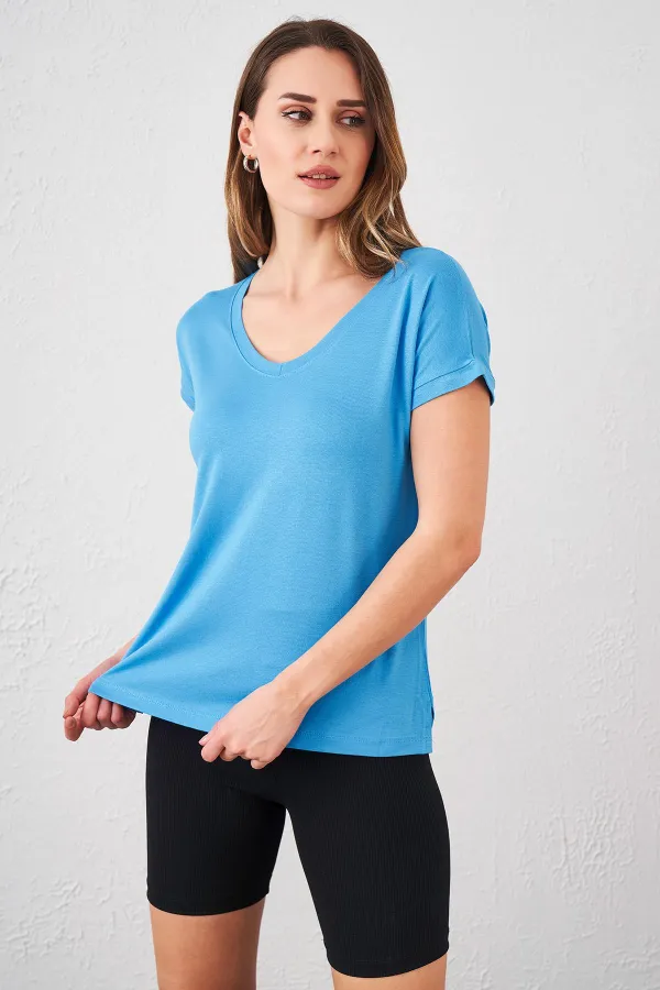 T-shirt bleu à col en V pour femme, coupe ample