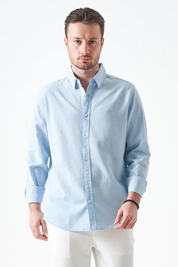 Erkek Mavi Uzun Kol Basic Pamuk Flam Regular Gömlek