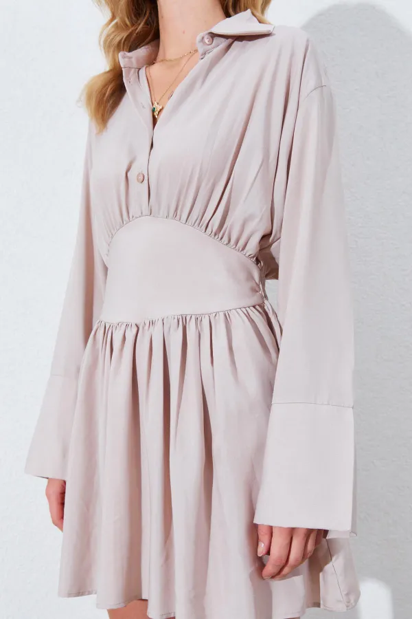 Kadın Bej Beli Oturtmalı Gömlek Yaka Elbise