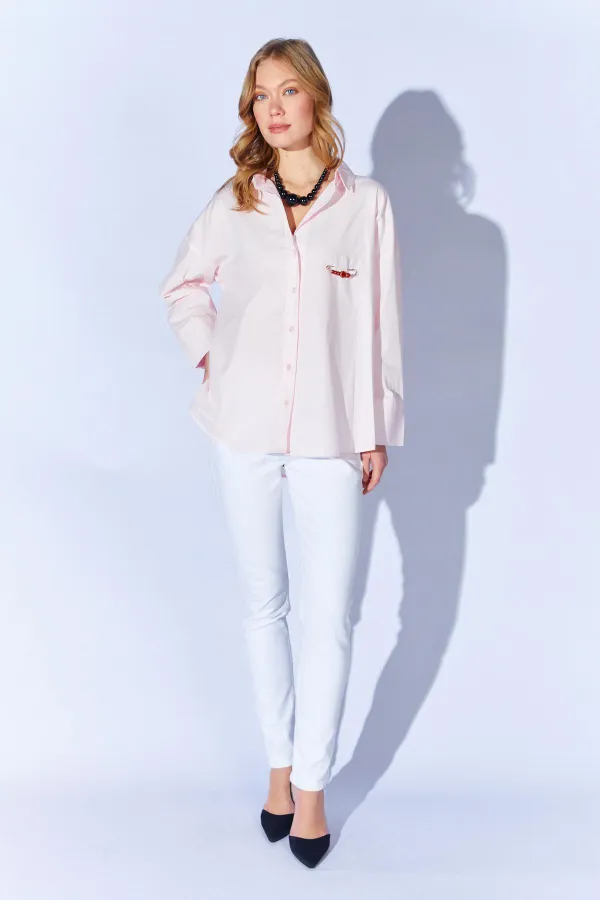 Kadın Pudra Önü Kısa Arkası Uzun Oversize Poplin Gömlek