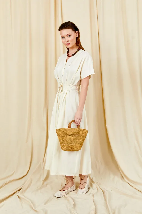 Kadın Ekru 199 Düşük Kol Pile Detaylı Önü Düğmeli Poplin Elbise