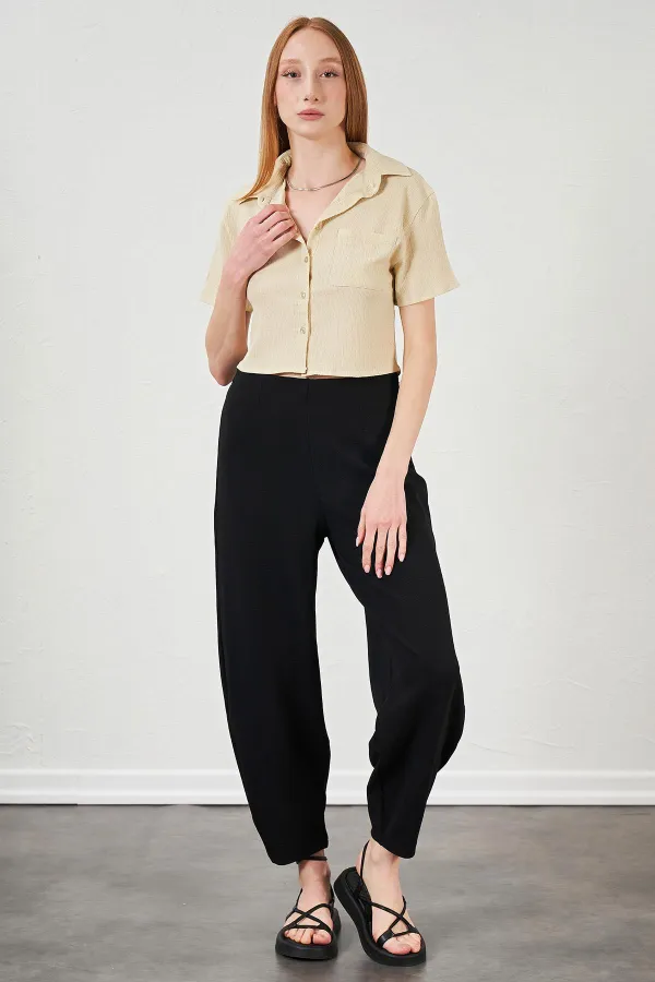 Kadın Taş Bürümcük Tek Cep Crop Gömlek