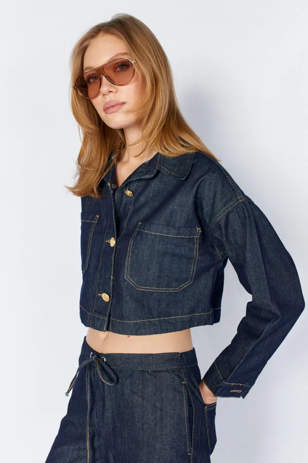 Women's Rins Wash Double Pocket Belted Loose Fit Jean Jacket and Pants Set