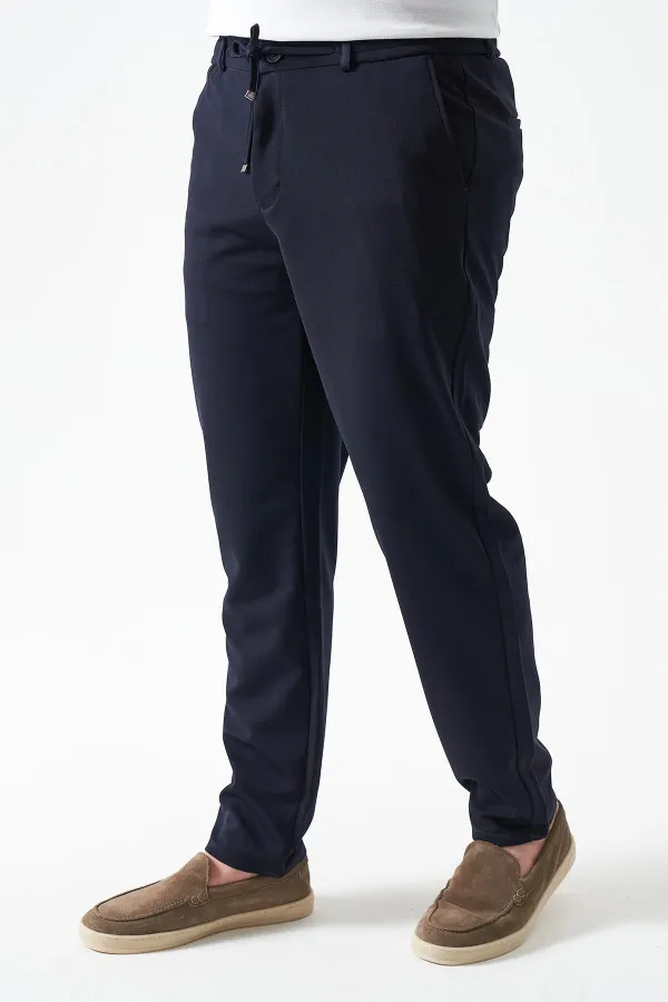 Erkek Lacivert Beli Yarım Lastikli Pike Basic Pantolon