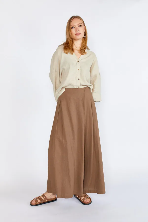 Kadın Kahve Anvelop Model Keten Pantolon