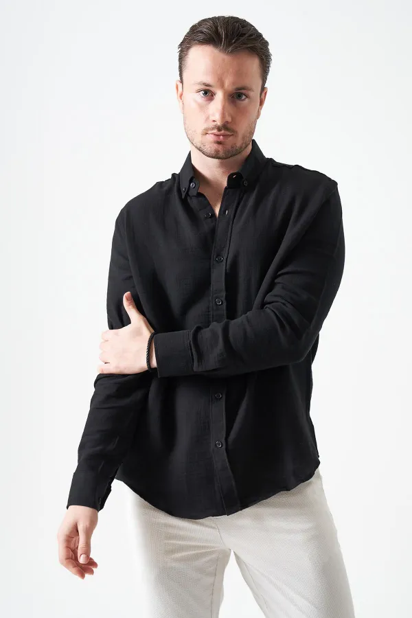 Erkek Siyah Uzun Kol Regular Basic Müslin Gömlek