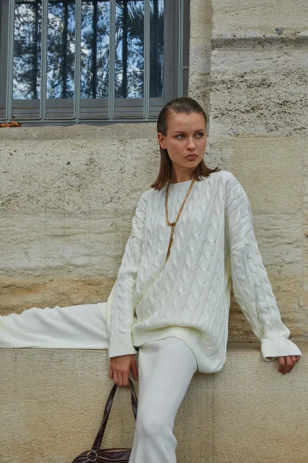 Kadın Kemik Saç Örgülü Pantolon Salaş Triko Takım