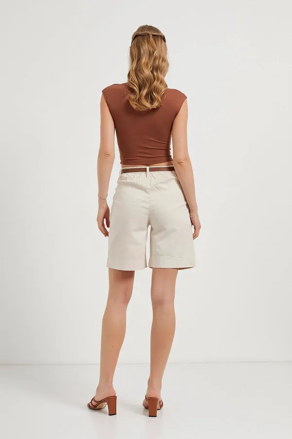 Women's Stone Waist Belted Lycra Gabardine Midi Shorts