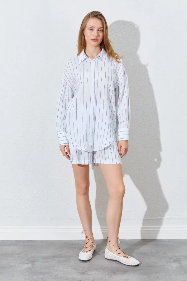 Kadın İndigo Oversize Gömlekli Şortlu Takım