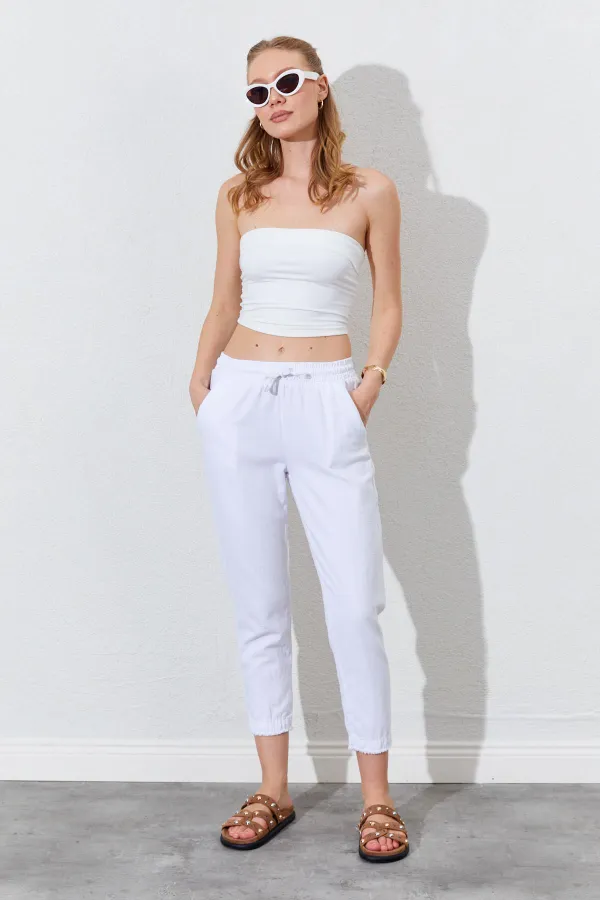 Women's White (6813) Gabardine Trousers with Dirty Stitching