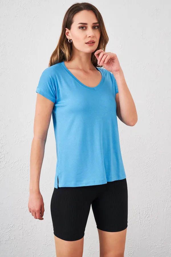 T-shirt bleu à col en V pour femme, coupe ample