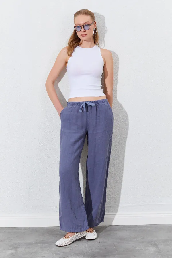 Women's Grey Linen Wide Leg Trousers with Drawstring Waist and Side Pockets