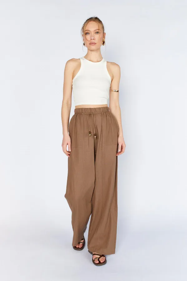 Kadın Kahverengi Bol Paça Dışarıdan Cepli Keten Pantolon